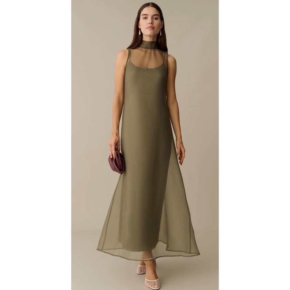 CAARA Women Olive Green Sheer Layered Sleeveless Maxi Dress Size Small NWT